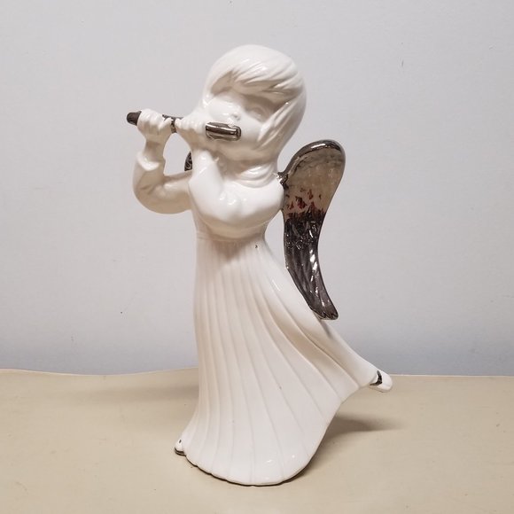 Atlantic Mold White, Sliver Angel Playing Flute Ceramic Christmas 12" Figure - Picture 1 of 8